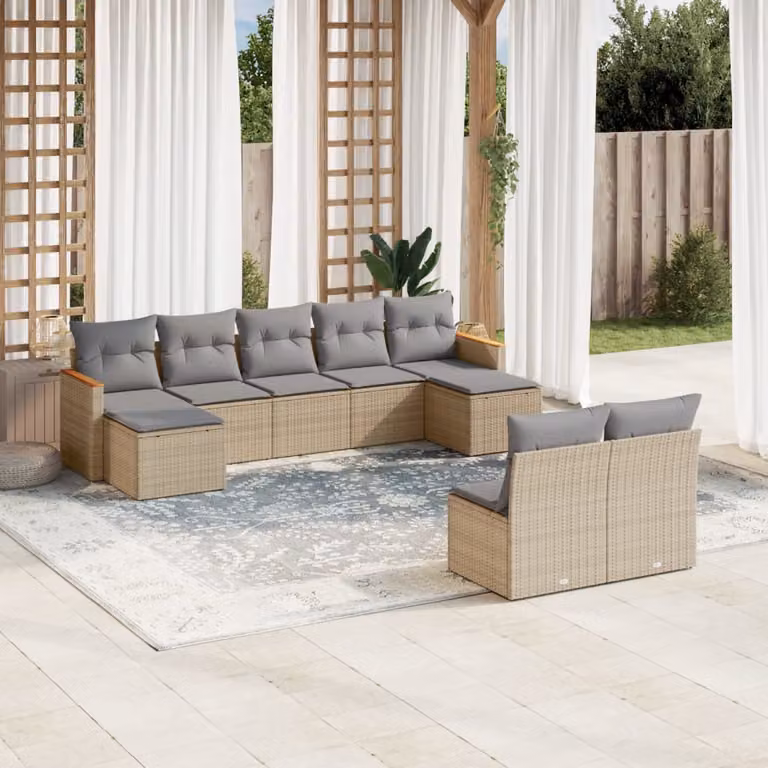 vidaXL Set Divano da Giardino 9 pz a forma di U con Cuscini Beige e Grigio in Polyrattan e Metallo