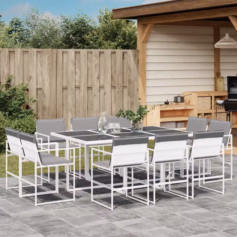 Set da pranzo da giardino vidaXL in metallo e vetro con 11 pezzi, bianco e grigio