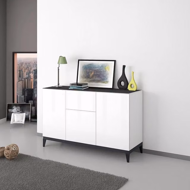 Madia Albatross DMORA con 2 ripiani, design moderno Made in Italy, Bianco Lucido, L: 120 cm, P: 40 cm, H: 82 cm – 1