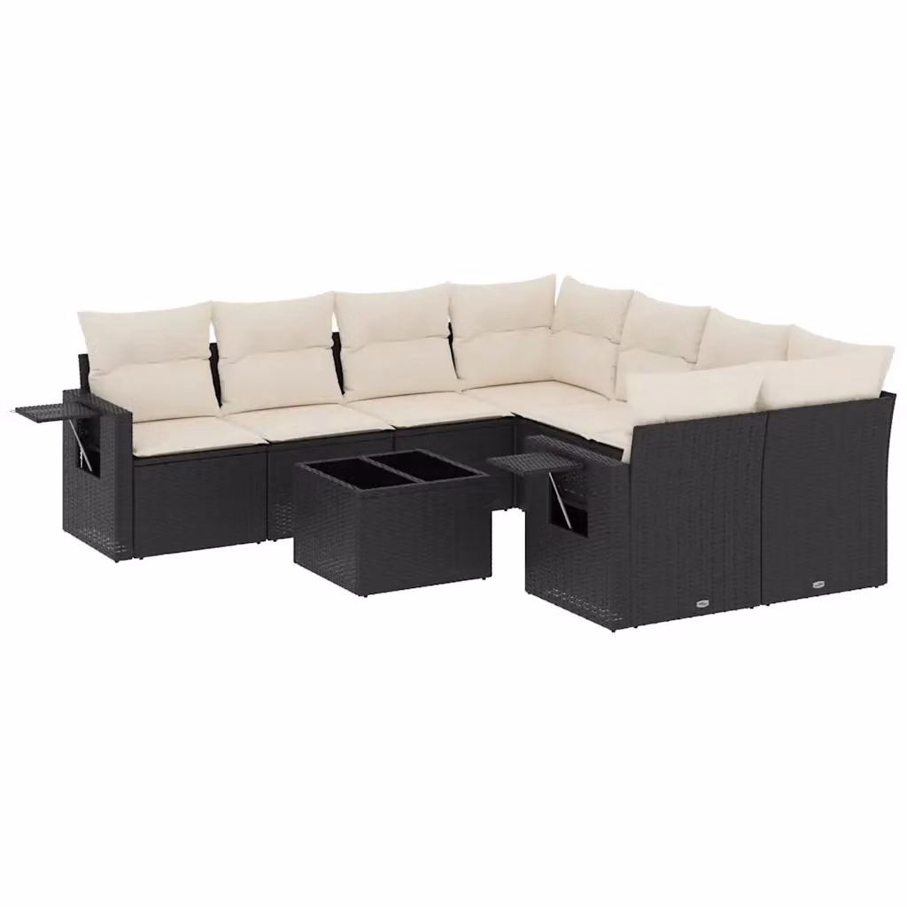 vidaXL Set Divani da Giardino 9 pz a Forma a L in Polyrattan Nero con Cuscini e Tavolino da Esterno – 2