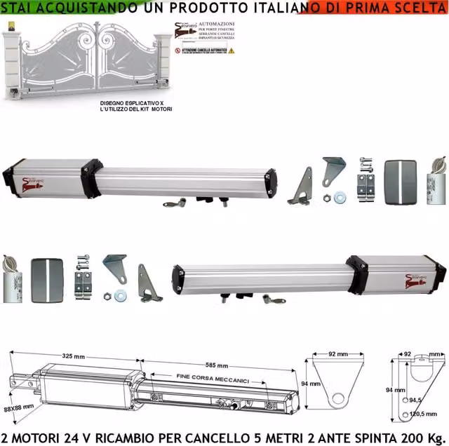 Motori Elettromeccanici 24 Vcc Corsa 400 MM Spinta 2 Q.li Chiave di Sblocco sul Carrello di Traino Per Cancello Automatico da 5 Metri 2 Ante da 2,5 Metri Kit Ricambio Completi Staffe Adatti per Elettronica BTF Came Serai Misure 910X88X88 mm