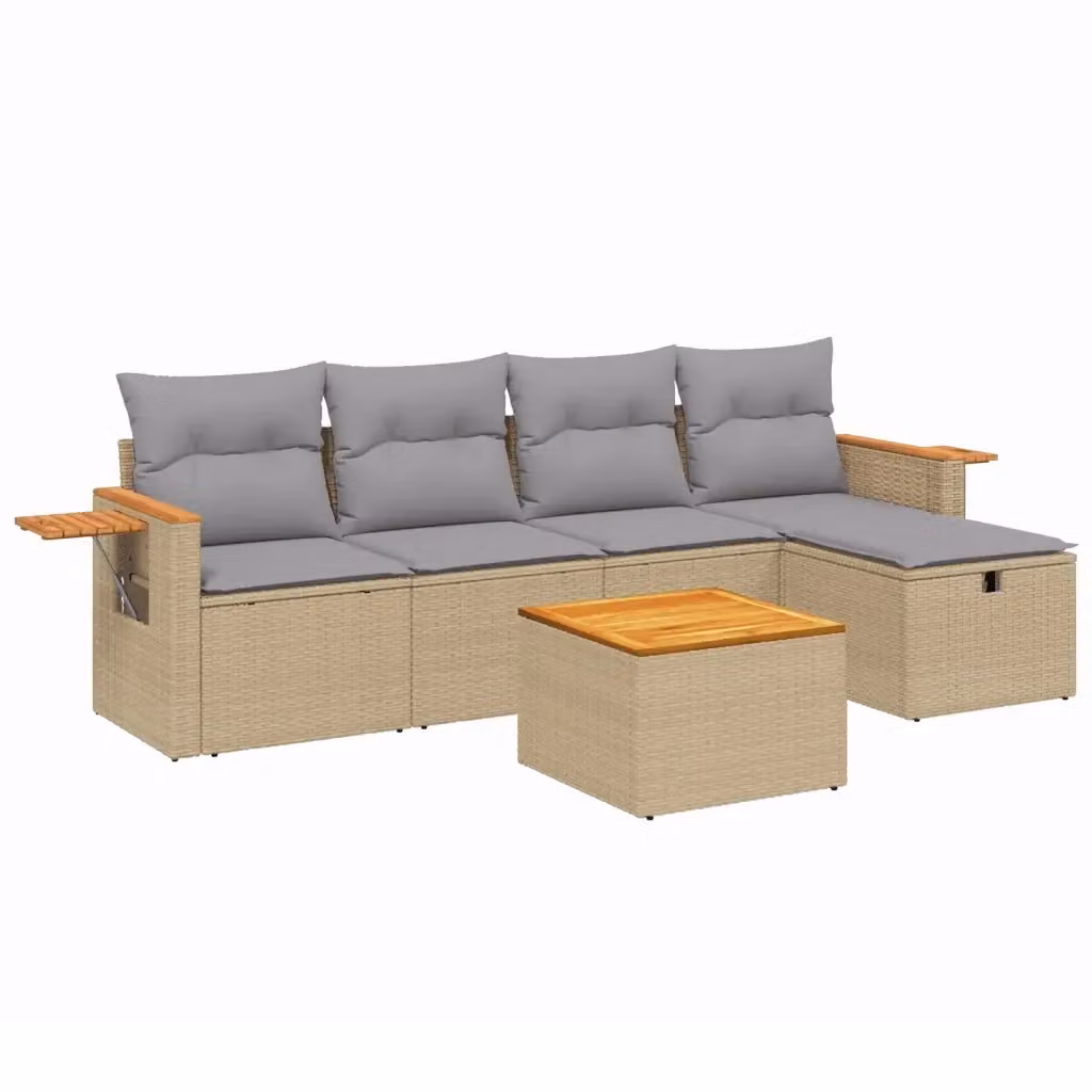 vidaXL Set Divano da Giardino a L composto da 6 pezzi con Cuscini Beige e Grigio e Tavolino, Struttura in Acciaio Verniciato a Polvere e Polyrattan – 2