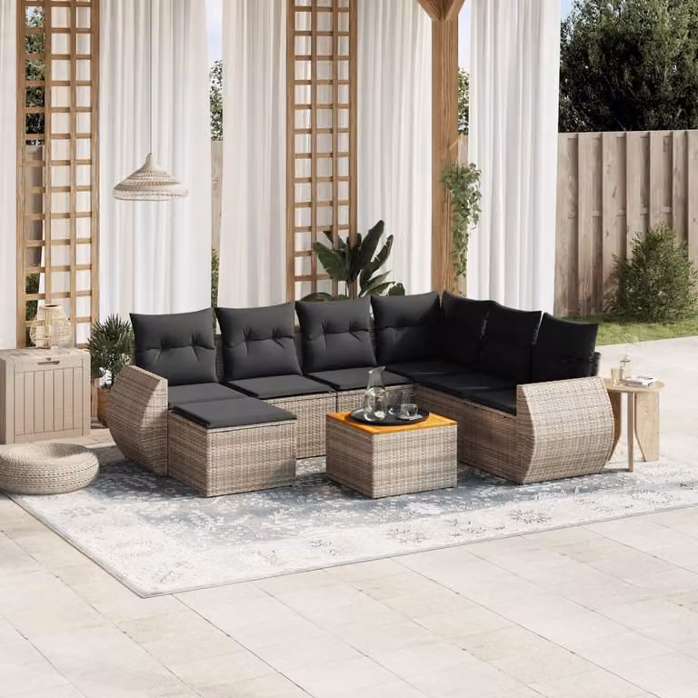 vidaXL Set Divano da Giardino 8 pz in Polyrattan Grigio con Cuscini e Tavolino