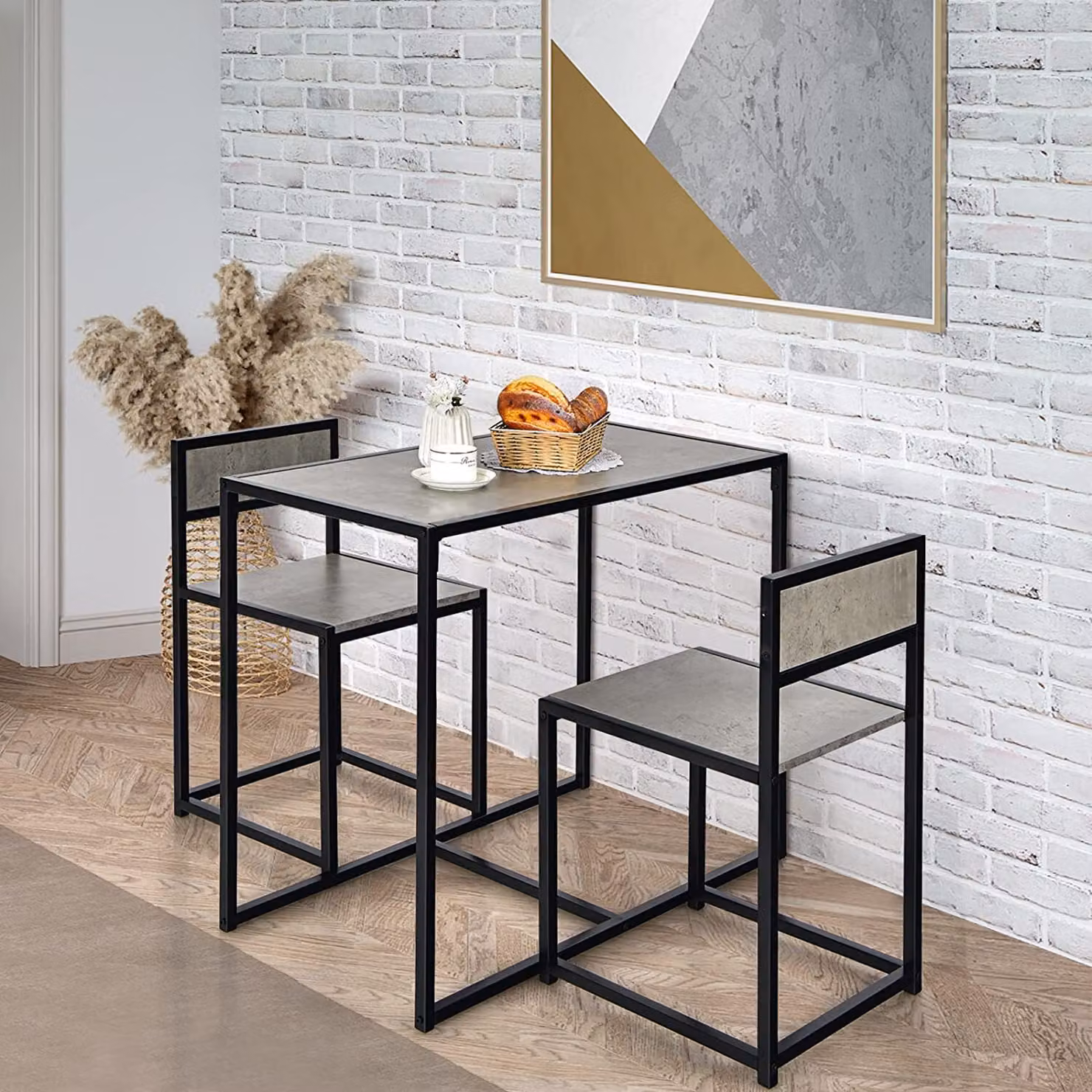 COSTWAY 3 TLG. Bar da cucina, tavolo da bar con 2 sedie da bar, gruppo di sedute da cucina, gruppo da pranzo con struttura in metallo, tavolo da cucina in legno, set di tavoli da bar per piccoli ambienti, cucina, sala da pranzo e bistrot (grigio)
