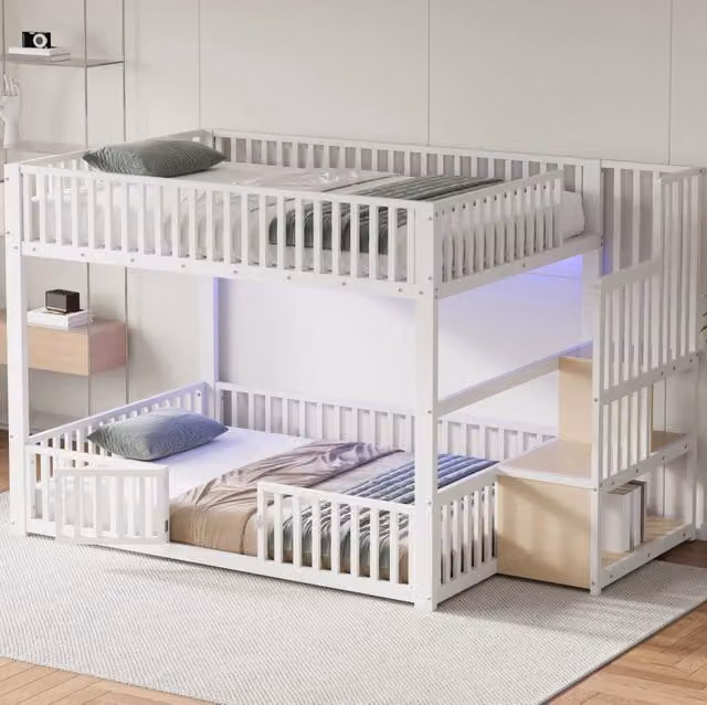 Letto a castello 140x200 cm con scala contenitore e LED; bianco; in MDF e metallo
