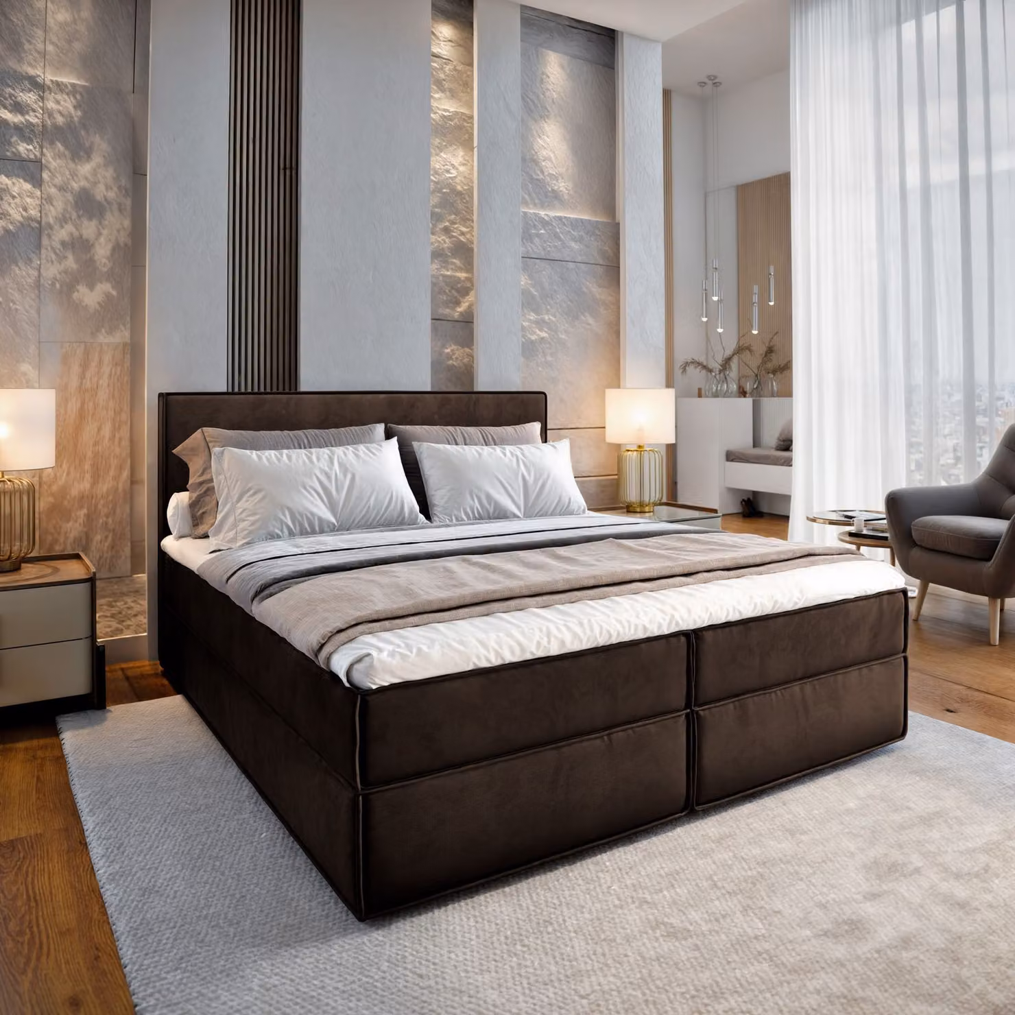 Letto a molle Masseno PELLIO 180x200 cm completo di materasso e topper Bonell, letto imbottito con cassettiera - marrone, MONOLITH 29