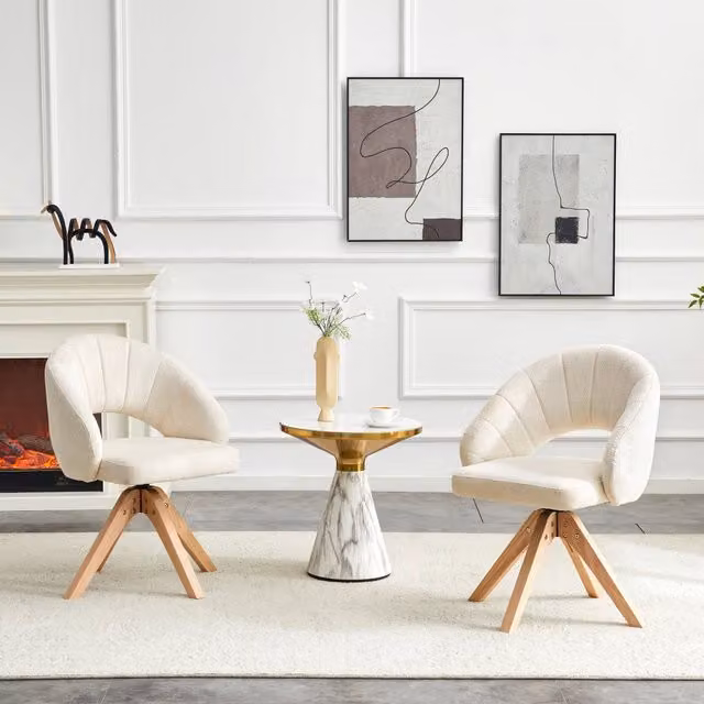 Set da 2 sedie girevoli 360 REDOM in tessuto bianco e legno massello, Altezza: 84 cm