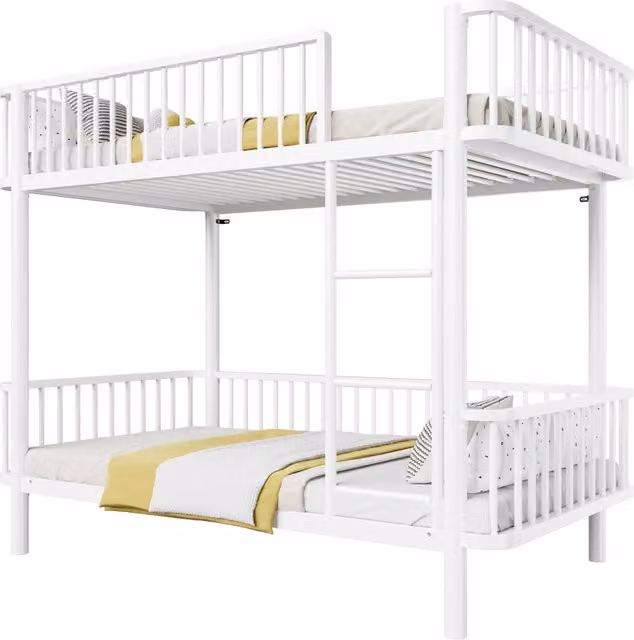 Letto a castello 90x200 cm in metallo con sponde di sicurezza e angoli arrotondati; bianco