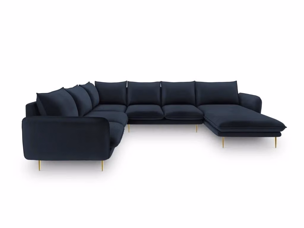 Divano panoramico sinistro Vienna Cosmopolitan Design a 7 posti in velluto blu e oro con struttura in metallo L: 330 cm, P: 158 cm, H: 95 cm – 2