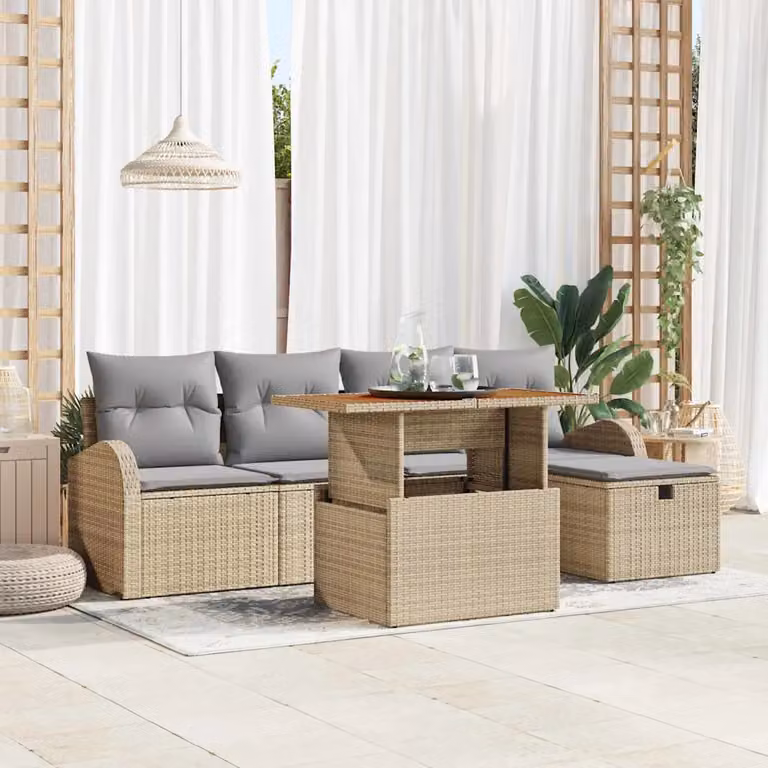 Set Divano da Giardino a L vidaXL 6 pz Beige con Cuscini e Tavolino