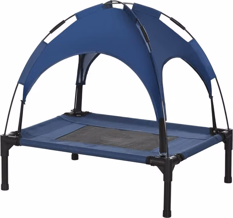 Cuccia per cani da esterno Zimilo con baldacchino, 61x46x62 cm, rialzata, traspirante, impermeabile, trasportabile, blu scuro