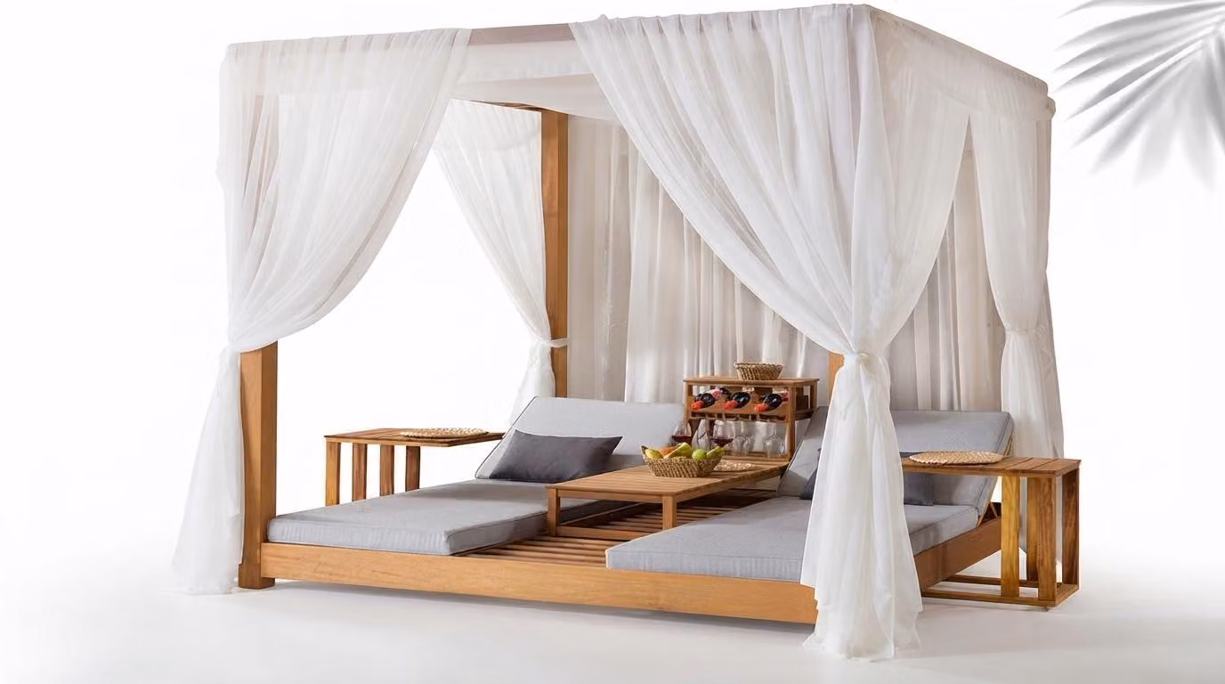 Letto prendisole color beige, in legno, con baldacchino, per giardino