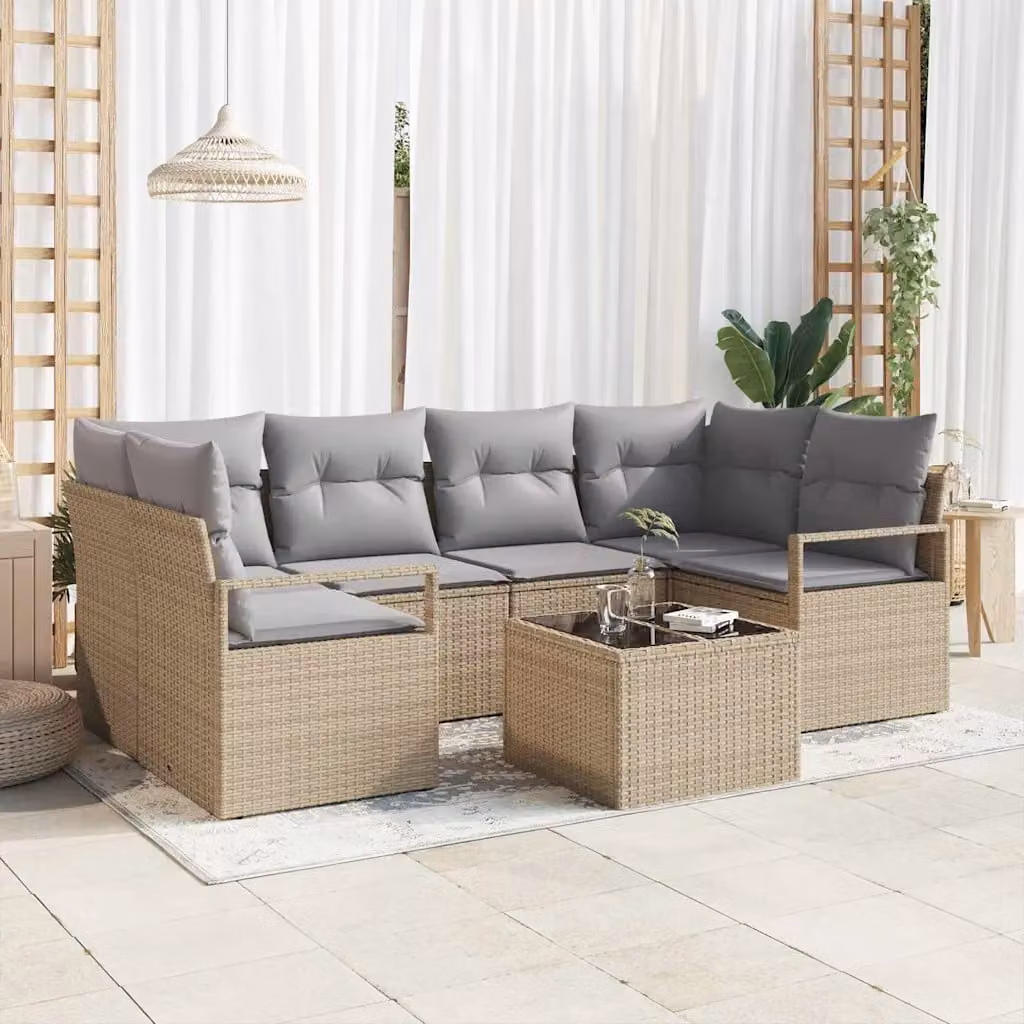 Set di divani da giardino vidaXL a forma di U composto da 7 pezzi con tavolo da caffè, colore beige e grigio, in polyrattan e metallo con cuscini inclusi