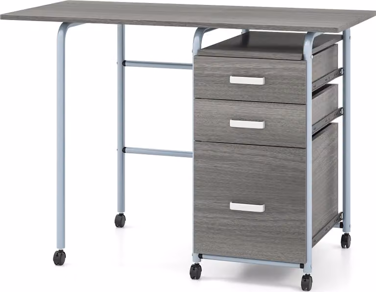 COSTWAY 105x50x75cm Scrivania pieghevole per computer con 3 cassetti, ruote e struttura in metallo, scrivania salvaspazio per ufficio, scrivania pieghevole grigia