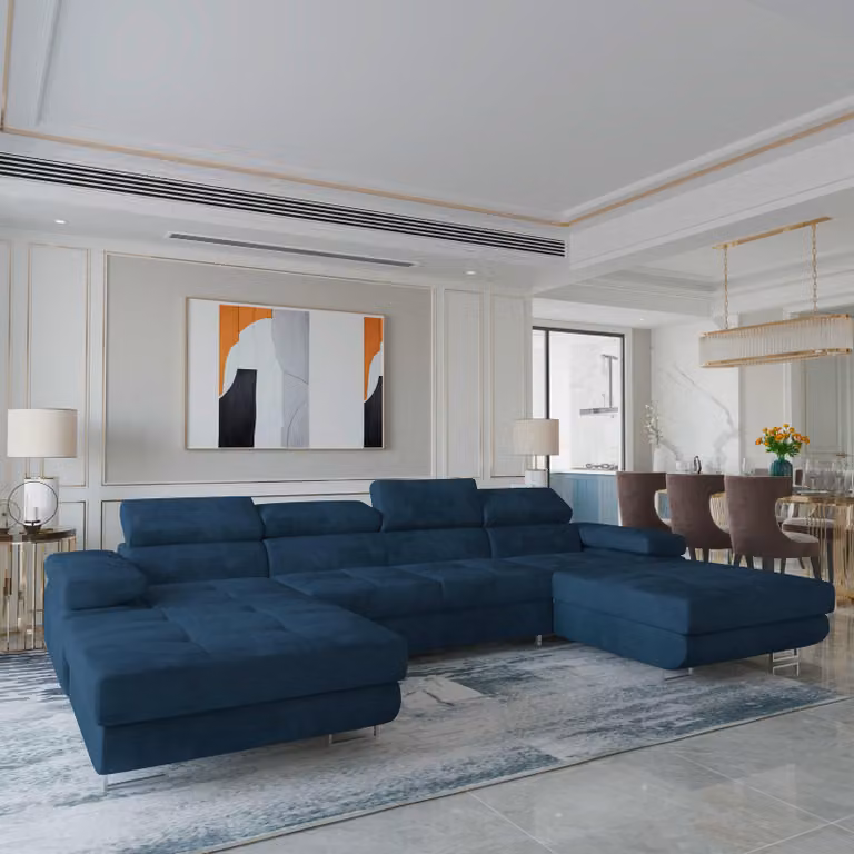 Divano angolare LYKKE di Masseno con funzione letto a U, divano con box letto, divano da soggiorno, divano, divano letto, set di divani - blu, MONOLITH 77