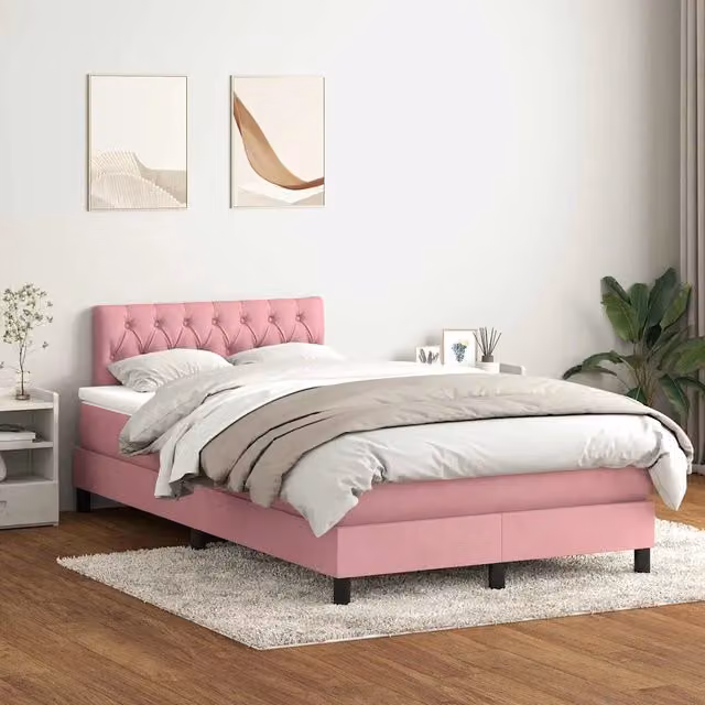 Letto con Giroletto a Molle e Materasso Ibrido vidaXL in Velluto Rosa e Bianco L: 120 cm, P: 223 cm, H: 88 cm