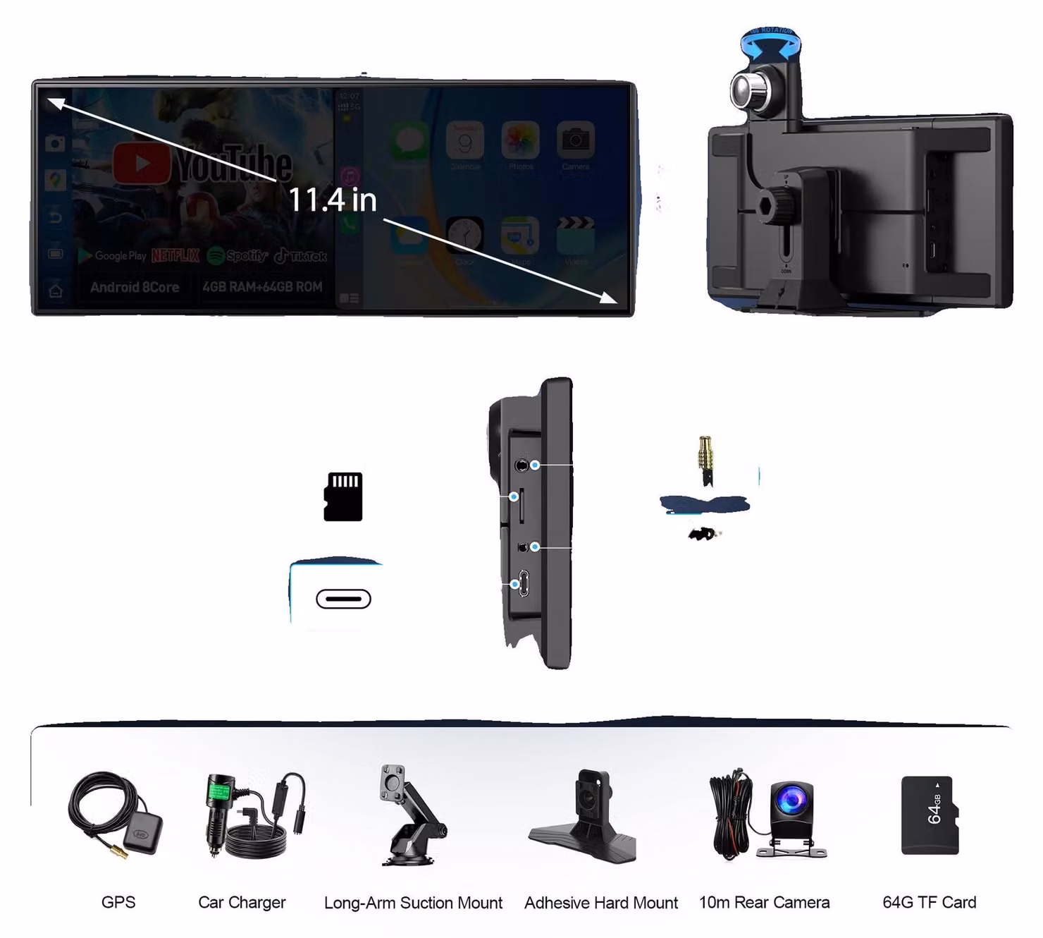 Dashcam per auto, display da 11,4 pollici, registrazione con tripla fotocamera a 1080P, telecamera posteriore da 6G con cavo da 10 metri