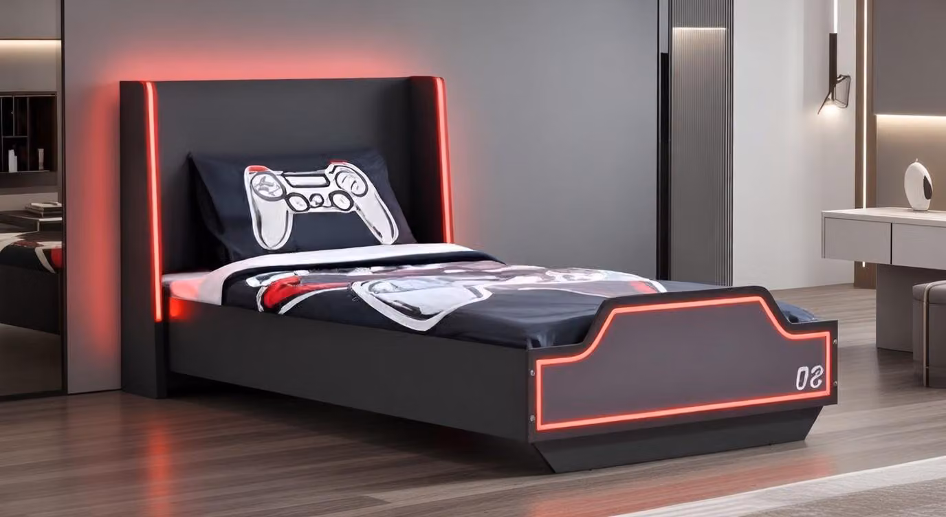 Letto con luci LED e stile gaming per una camera da ragazzo alla moda