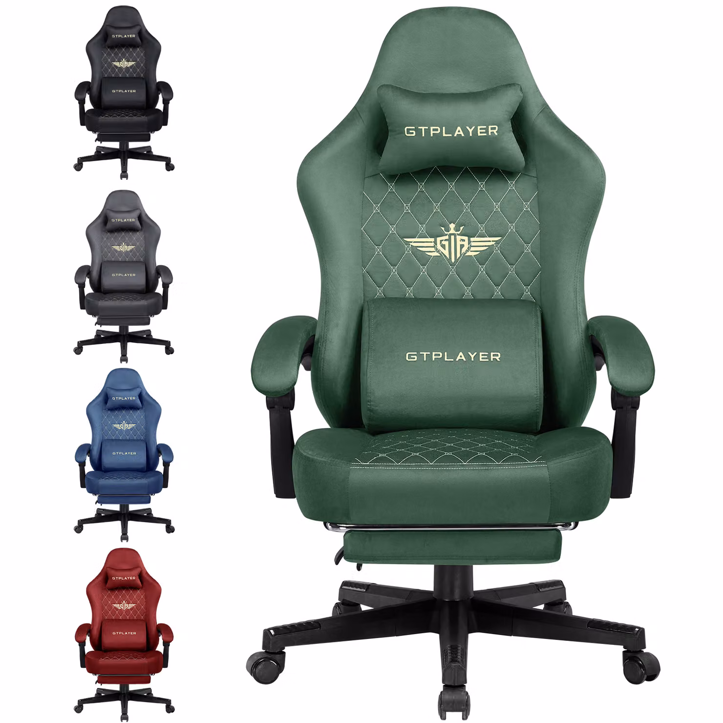 GTPLAYER Sedia da gioco in tessuto Sedia da gioco ergonomica per ufficio Sedia per PC, Sedia da scrivania regolabile e girevole con poggiapiedi, verde