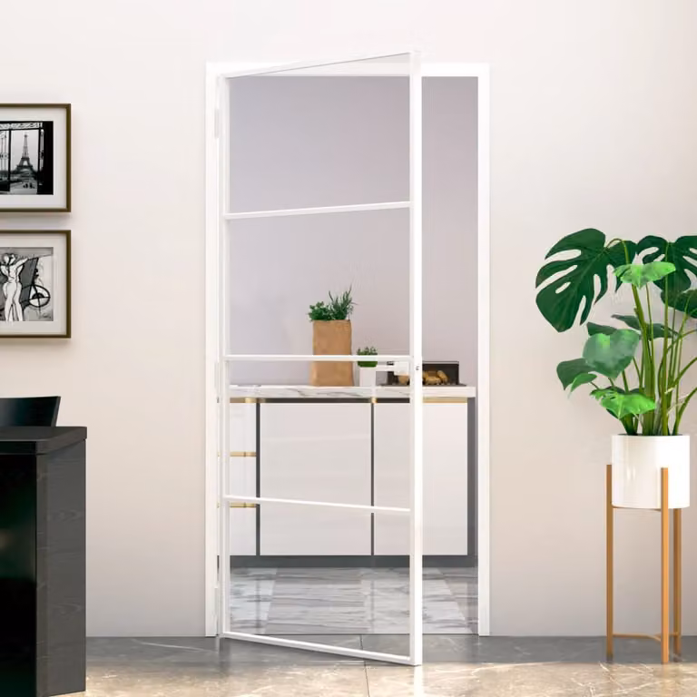 The Living Store porta interna bianca 93x201,5 cm vetro temperato e alluminio slimline