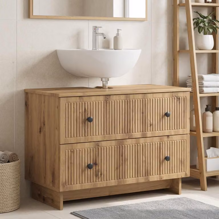 Armadio per lavabo da bagno moderno vidaXL in rovere con cassetti e ante, colore marrone e nero, L: 82 cm, P: 41 cm, H: 59 cm