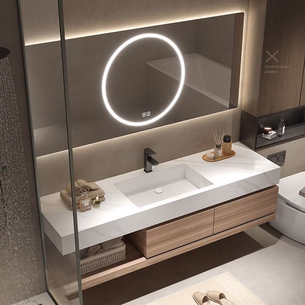 Lavabo in pietra sinterizzata con cassetto e ripiano – Set lavabo moderno con specchio a LED per il bagno 150×55 cm 【YT2032-150 K】