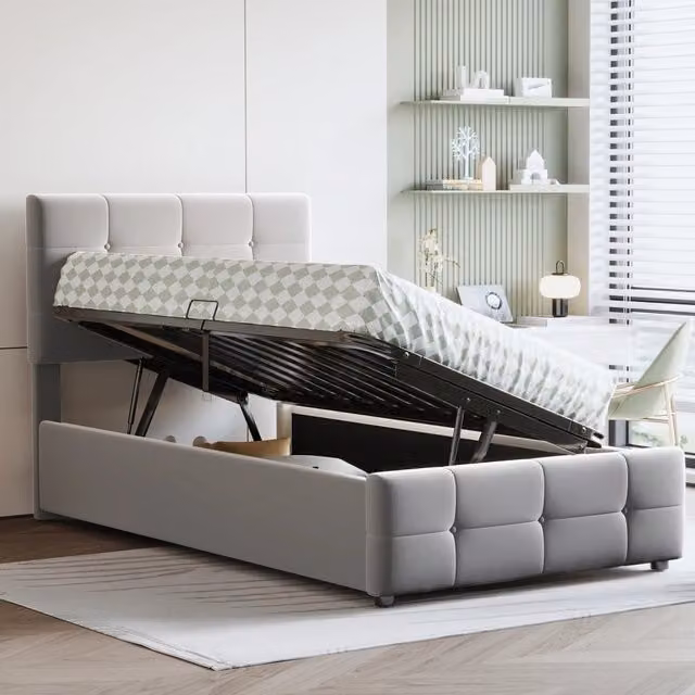 Letto singolo per bambini OKWISH in velluto grigio con contenitore idraulico e testiera regolabile, L/P/H: 90 x 200 x 105 cm