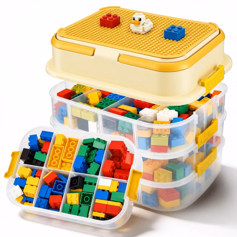 Contenitore per blocchi da costruzione - Scatola di smistamento a 4 scomparti, capacità 5 litri - Contenitore in plastica con coperchio - Organizer per giocattoli impilabile - Ideale per blocchi da costruzione e puzzle - Colore: giallo