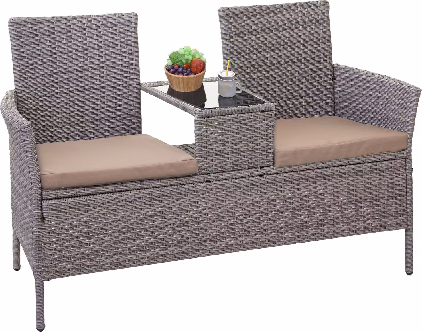 Panca in poly-rattan con tavolo HWC-E24, panca da giardino gruppo di seduta divano da giardino, 132cm ~ grigio, cuscini crema