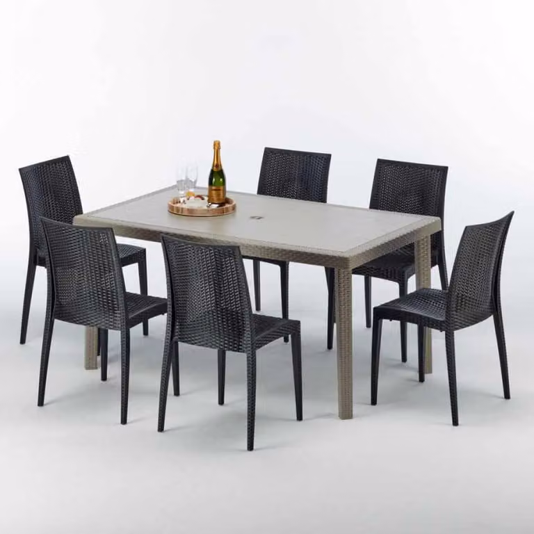 Tavolo rettangolare in polyrattan con 6 sedie colorate 150x90 Beige Marion