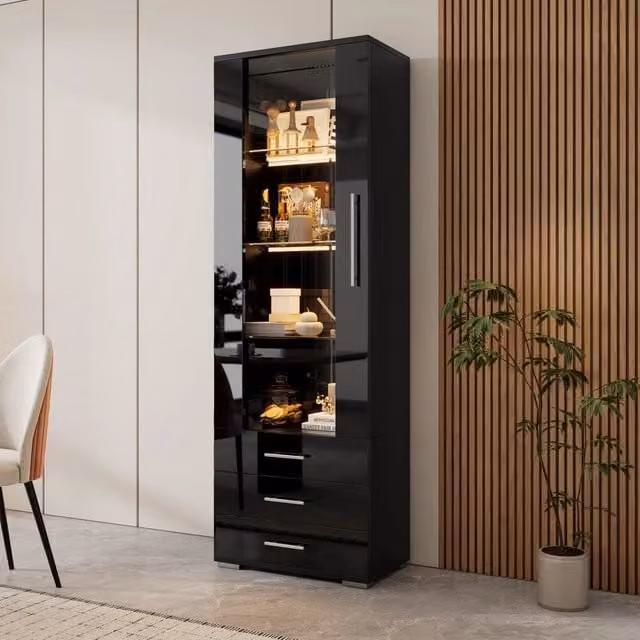 Vetrina MIVRAY moderna in MDF nero lucido con ante in vetro, illuminazione LED integrata, ripiani e cassetti interni, L: 60 cm, P: 35 cm, H: 180 cm