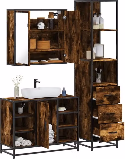 Set Mobili da Bagno 3 pz Rovere Fumo in Legno Multistrato 3301152