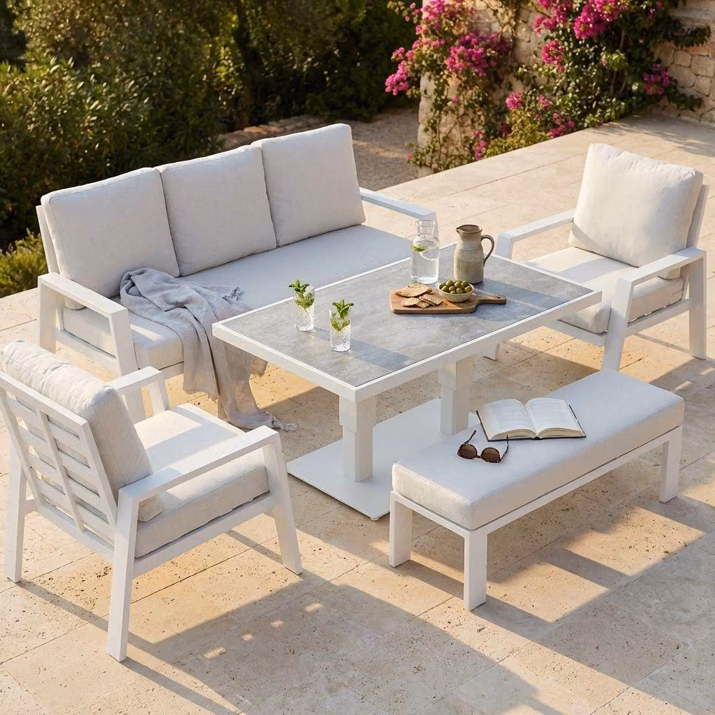 Milani Home - salotto da giardino, alluminio e tessuto, con tavolino e cuscini, 5 posti, bianco e beige
