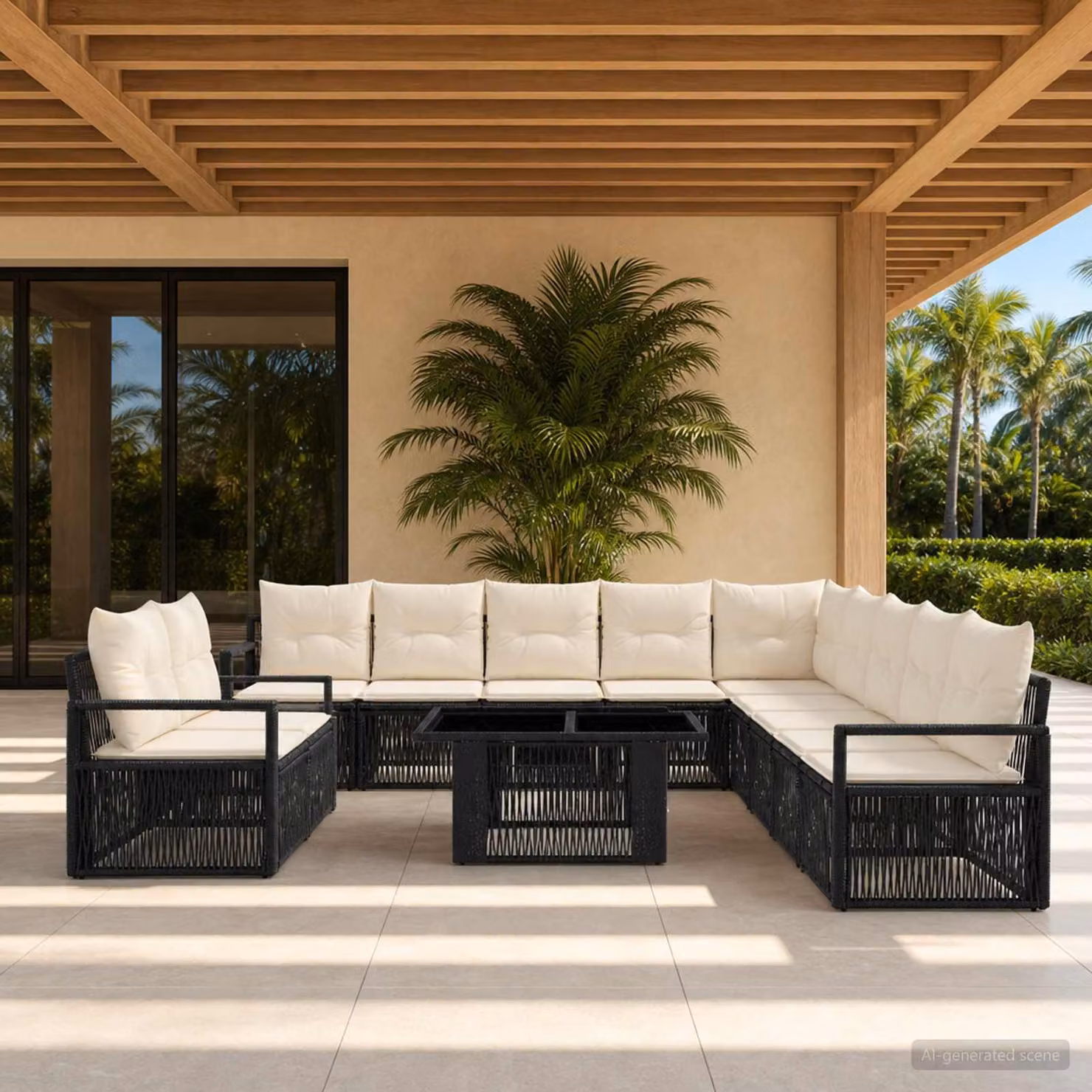Set Divano da Giardino vidaXL 12 pz in Polyrattan Nero e Bianco Crema con Cuscini e Tavolino in Vetro
