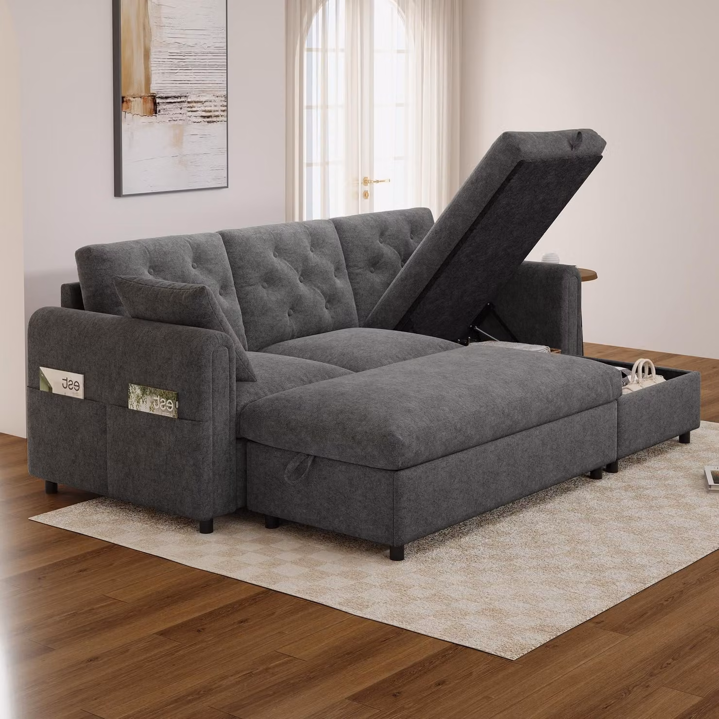 Divano angolare MODFU con poggiapiedi, divano modulare con chaise longue (destra e sinistra), divano letto con vano portaoggetti nascosto, velluto, grigio