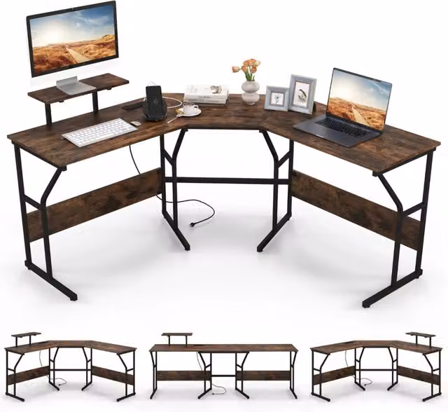 Scrivania ad angolo a forma di L con presa elettrica e supporto monitor mobile, Marrone Rustico, L: 225 cm – 1