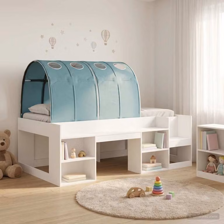 Letto per bambini con tunnel vidaXL in legno ingegnerizzato, Bianco e Azzurro, L: 193,0 cm, P: 103,5 cm, H: 65,0 cm