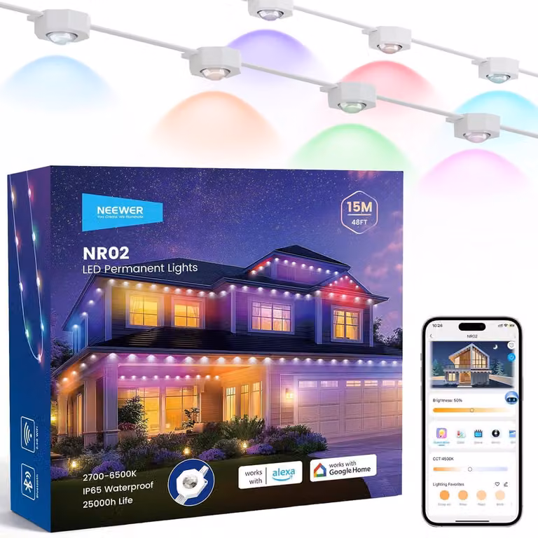 Catena luminosa a LED permanente, lunghezza 48 piedi/15 metri, colore RGBCW, 30 LED, controllo tramite app, grado di protezione IP67