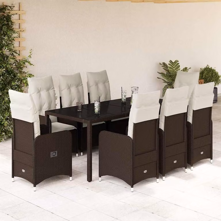 vidaXL Set Bistrò da Giardino 9 pz in Polyrattan Marrone e Bianco con Cuscini e Piano in Vetro