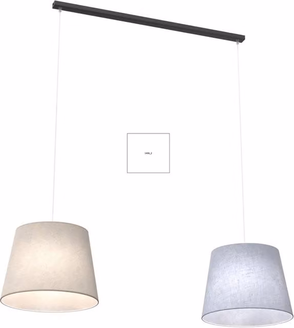 Lampadario a 2 luci Okeanos Luceart-Classic con paralumi in tessuto beige e grigio e struttura in metallo nero