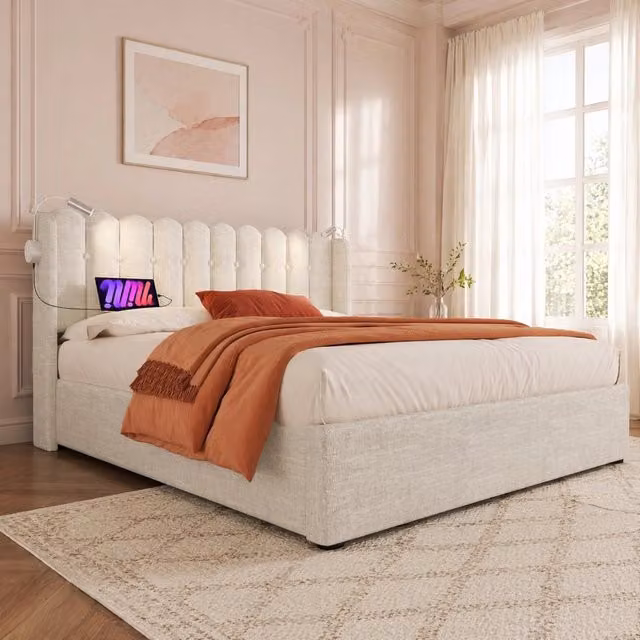 Letto contenitore 140x200 cm naturale in lino, luci da lettura e USB, senza materasso