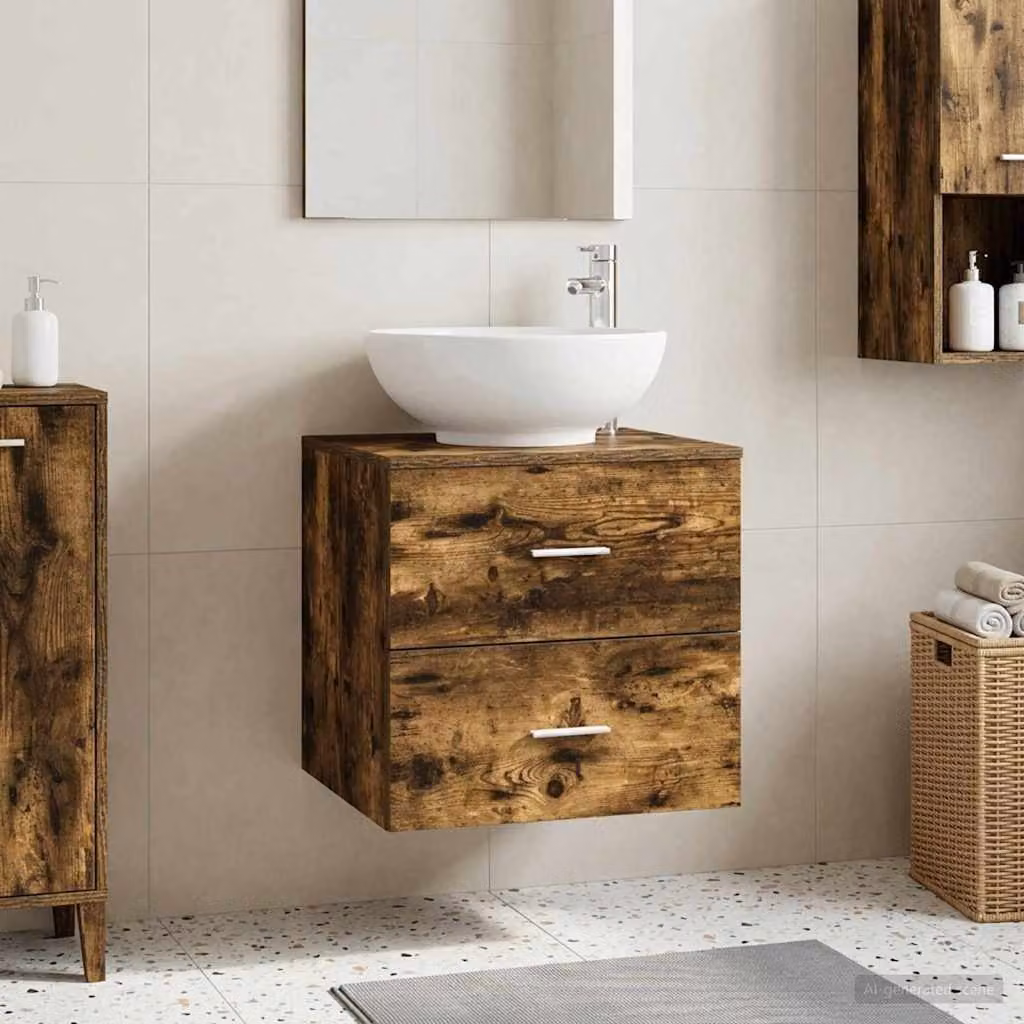 Lavabo da parete moderno vidaXL in Rovere Fumo con cassetti, L: 49,5 cm, P: 44,5 cm, H: 66,5 cm