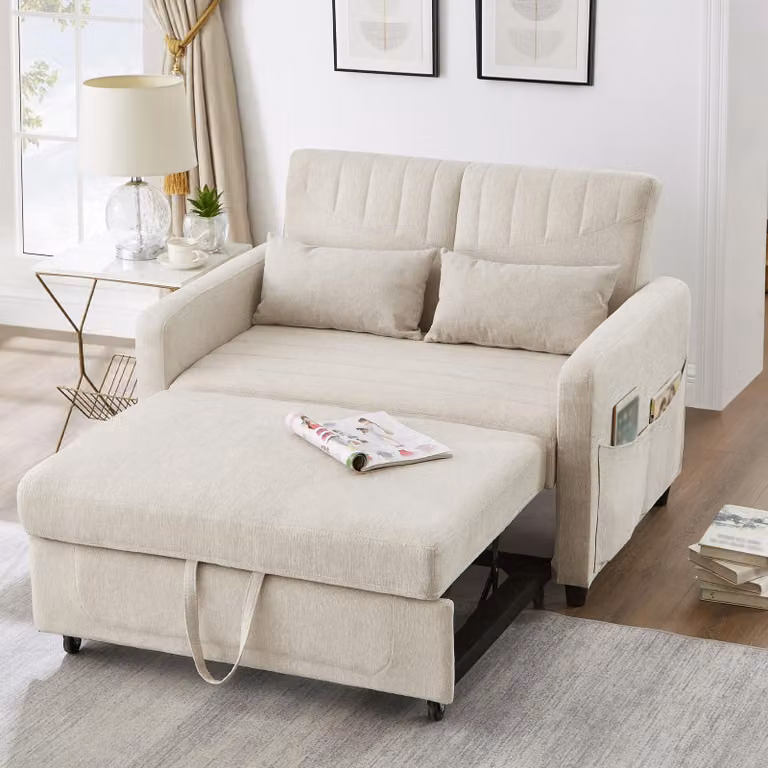 Divano letto 2 posti, dimensioni 114x77x82,5 cm, divano letto beige con funzione letto, design estensibile, schienale regolabile in 3 posizioni