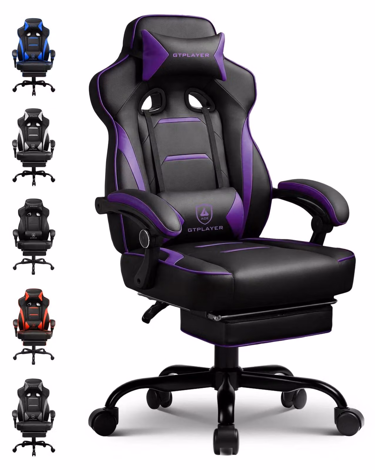 Sedia da gaming con poggiapiedi - Sedia da ufficio ergonomica - Portata massima: 180 kg - Supporto lombare e poggiatesta - Schienale reclinabile fino a 155° - Regolabile in altezza - Sedia girevole con rotelle - Colore: viola