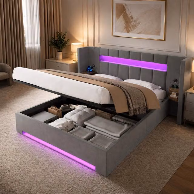 Letto matrimoniale in velluto 180x200 cm con ampio contenitore, testiera larga, USB doppie, luci LED e sistema idraulico