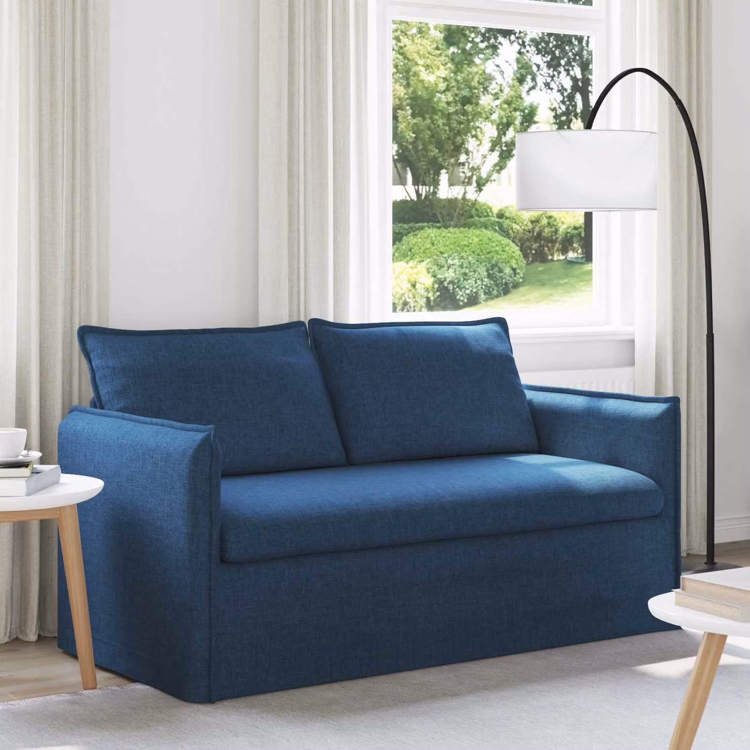 Divano moderno vidaXL in tessuto blu con struttura in metallo L: 156 cm, P: 82 cm, H: 85 cm – 1