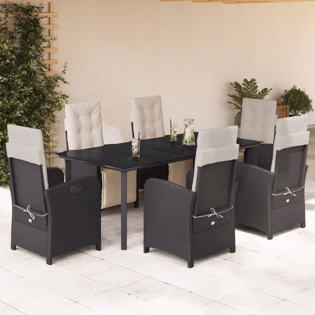 vidaXL Set da Pranzo da Giardino 7 pz in Polyrattan Nero con Cuscini e Tavolo in Vetro – 1