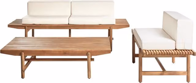 Set da giardino Beliani in legno di acacia con divano a 3 posti e tavolino, cuscini bianchi e marroni in stile rustico per esterni