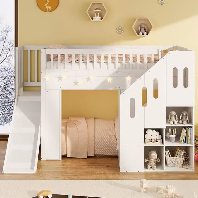 Letto a castello 90x200cm - Xylo - legno massello LED scala con ripostiglio bianco