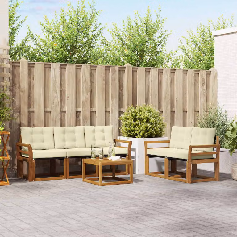 Set di divani da esterno vidaXL 6 pezzi in legno di acacia con tavolino e cuscini, colori beige, bianco e marrone